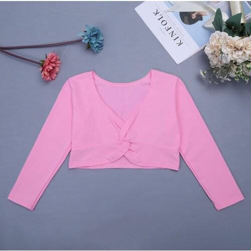 Dance Wear Ballerina Long Sleeves Wrap Top Kids Girls Gymnastics Ballet Leotard Costume Front Twist Knot Dancing T-Shirt Clothes