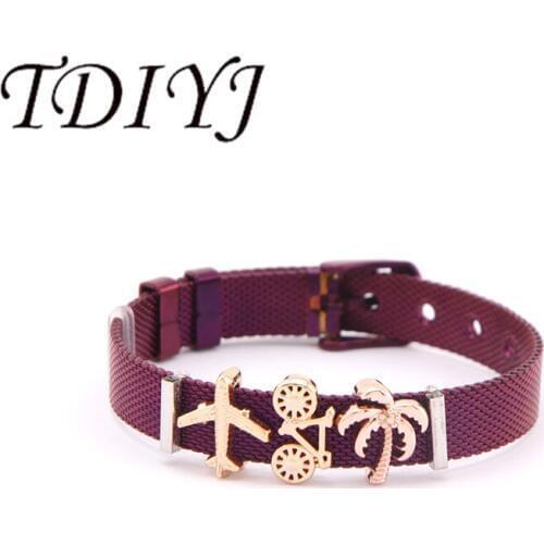 TDIYJ Fashion Hologram Stainless Steel Mesh Bracelet For Holiday Travel Plane Bike Coast Sea Coconut Tree Women Jewelry 1Set