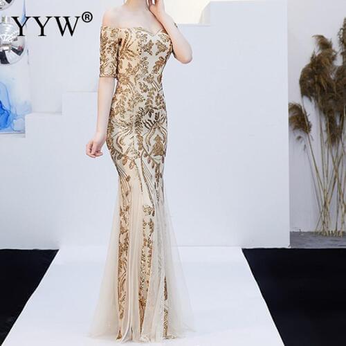 Fashion Shinny Sequined Elegant Evening Dress Longue Robe De Soiree Slim Mermaid Party Dress Off Shoulder Backless Formal Gowns