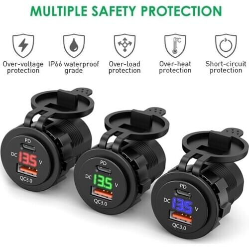 IP66 Water Proof 12V DC Power Delivery QC3.0 Dual Type-c 5V 3A USB Motorcycle Cigarette Lighter Socket Charger Connector