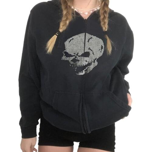 Y2K Women Spring Hoodie Skull/Skeleton Print Hooded Long Sleeves Zipper-Open Sweatshirt with Pockets for Girls