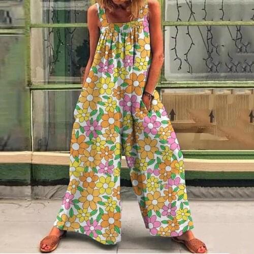 Colorful Print Sleeveless Women Jumpsuit O-Neck One Piece Set Plus Size XL Playsuits Pockets Wide Leg Pants Streetwear Overalls