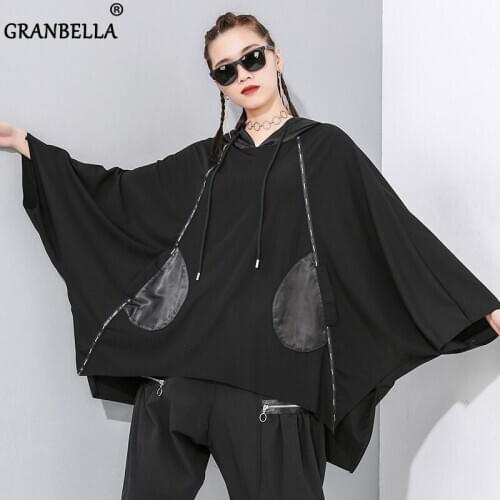 Spring loose solid color batwing sleeve pullover thick hooded shirt for women new plus size patchwork female t-shirt top