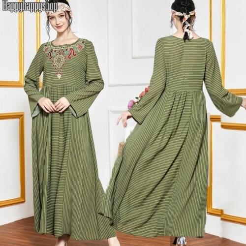 Plus Size Women Long Dress Autumn Loose Casual Maxi Striped Dresses Middle East Clothing Islamic Muslim Kaftan Abaya Jilbab Robe