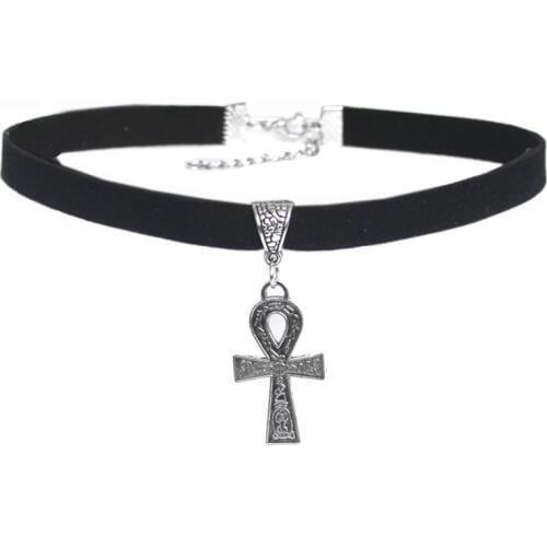 1pcs Fashion Jewelry Choker Necklace Black 10mm Flat Faux Suede Cord Egypt Ankh Cross Charm 13" Choker Necklace 37*20MM