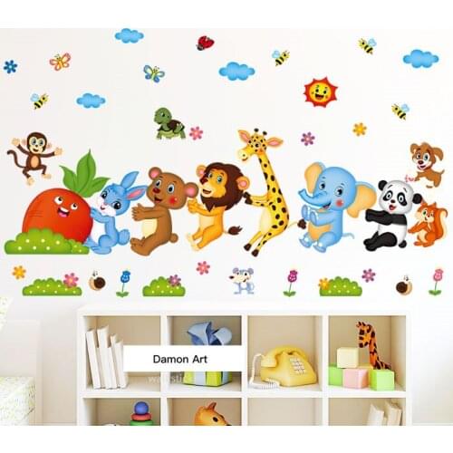 130*80CM Wall Sticker Animal Friends Pull Radish Cartoon Background Wall Nursery Classroom Kids Room Decoration Print Wall Art