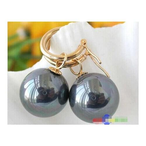 16MM ROUND PEACOCK BLACK SOUTH SEA SHELL PEARL DANGLE EARRING >Lovely Fine Nobility Ladys Womens Earrings