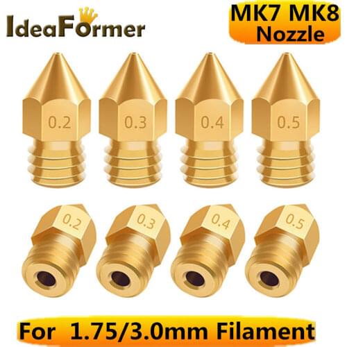 5Pcs MK7 MK8 Nozzle 0.2/0.3/0.4/0.5mm M6 Thread For CR10 CR10S Ender-3 Makebot 3D Printer 1.75/3.0mm filament Print head Parts
