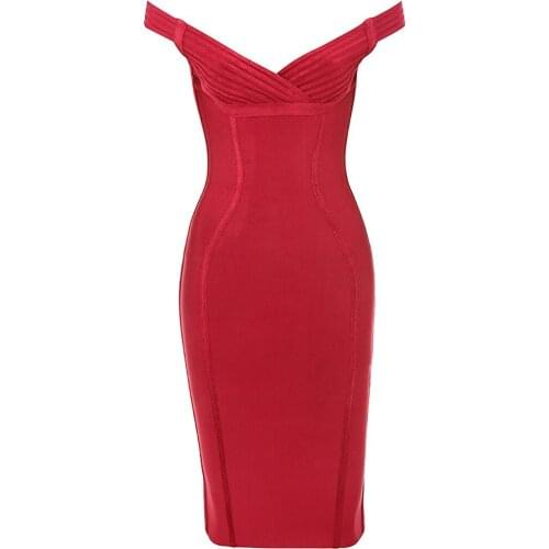 BEAUKEY 2018 New Sexy Elegant Wine Red Off The Shoulder Party Bandage Dress Slash Neck Sexy Club Dress Wholesale XL