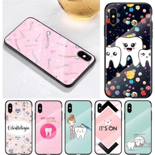 Dentist Teeth Cartoon For Apple iPhone 12 11 8 7 6 6S XS XR SE X 2020 Pro Max Mini Plus Tempered Glass Phone Case