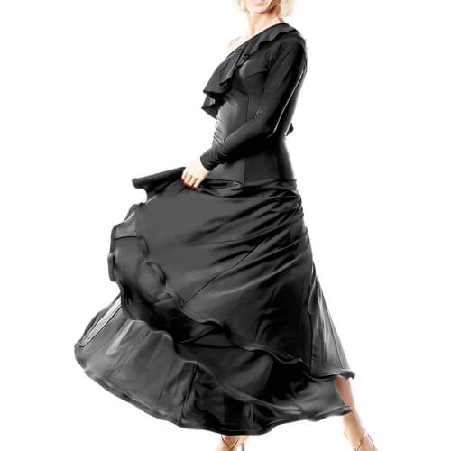 Adult Black Long sleeves dew shoulder Modern Tango Dress Short Sleeves Standard Waltz dance skirts Womens Ballroom Dance Dresses