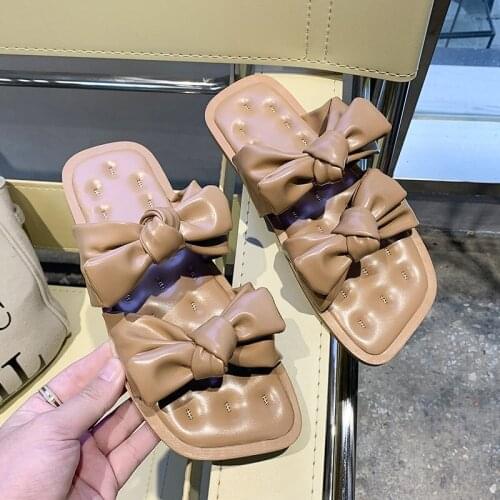 WEIBATE Designer Slippers Women Bow-knot Slippers Square Toe Slippers High Quality PU Leather Ladies Summer Beach Flat Slides