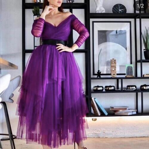 Purple prom dresses 2020 v neck off the shoulder long sleeve pleats ruffle tiered long evening dresses