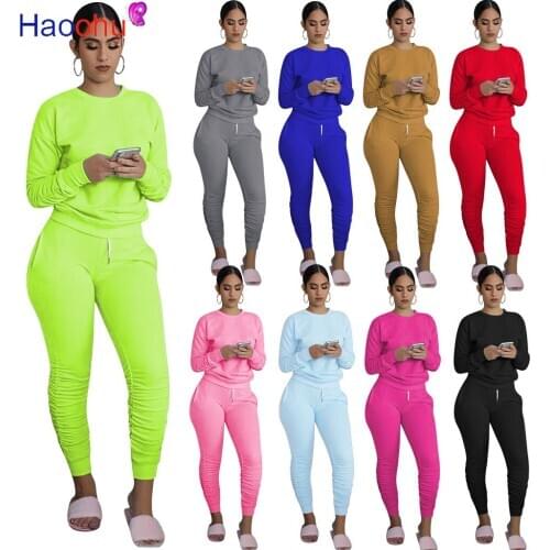 HAOOHU Casual Solid Workout Womens Sport Suit Tracksuit O-neck Long Sleeve Top+ruched stacked Pant 2 Pcs Matching Sets
