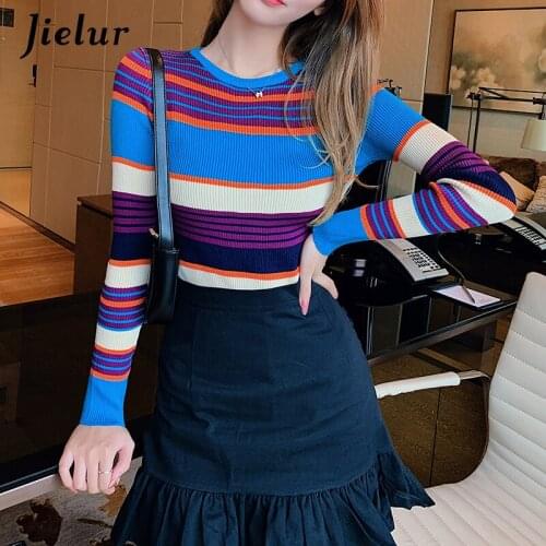 Jielur Autumn Hit Color Striped Sweater Elegant Slim Office Lady Sweaters Korean Chic O-neck Skinny Short Knitted Top Girls S-L