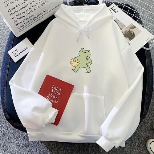 Kawaii Womens Loose Streetwear Sweatshirts Frog Hoodies Women Hooded Casual Oversize Pullovers Korean Style Warm Sudadera Mujer