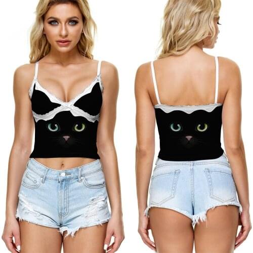 Summer 2021 New Trend Women 'S Ribbon Stitching Deep V-neck Cute Pet Cat Printing Camisole