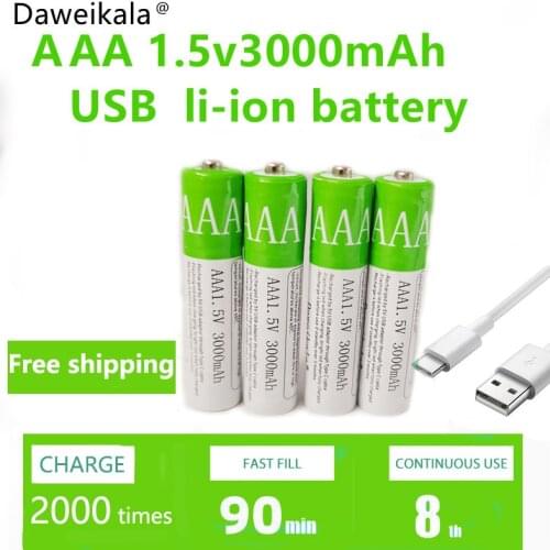 New2021 USB AAA Rechargeable Batteries 1.5V 3000 mAh li-ion battery for remote control mouseElectric toy battery + Type-C Cable