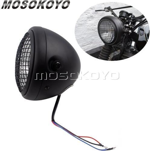 Motorcycle 12V 60/55W Mesh Grille Headlight For Harley Cafe Racer Dyna Chopper 883 Custom P43T Retro Lighthouse Head Light Black