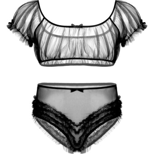 Mens Sissy Lingerie Sets See Through Sheer Mesh Shoulder Short Sleeves Crop Tops with High Waist Frilly Ruffle Underwear Panties