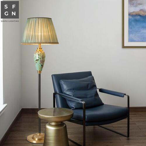 American style floor lamp modern Copper Fabric Lampshade standing Lamp E27 LED floor lamps for living room study bedside office