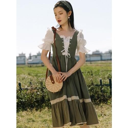 Army Green Vintage Women Gatsby Dress Retro Square Collar Flare Sleeve Princess Dresses Summer Mori Girl Vestido Mujer