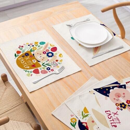 Polyester Linen Placemat Tableware Mat Rabbit Flower Print For Kitchen Dining Table Waterproof Pad Coaster Home Decor 30*40cm/pc