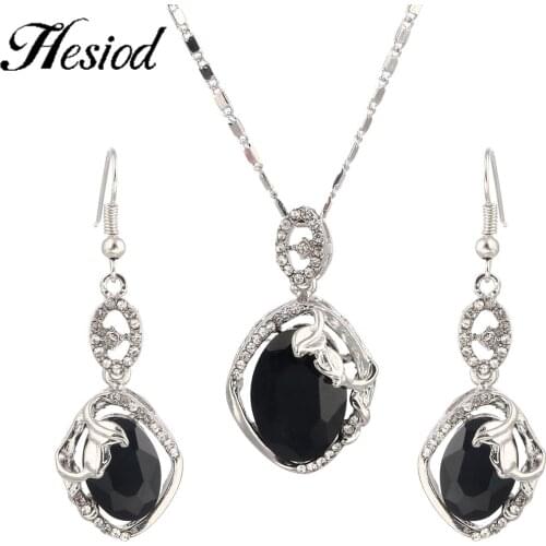 Silver Plated Chain Wedding Jewelry Sets Black Crystal Dangle Earrings Geometric Heart Oval Pendant Necklace Set Women Trendy