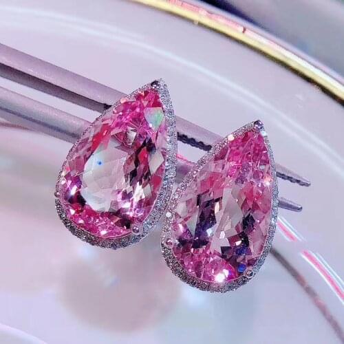 Fine Pear cut Pink Sapphire Stud Earring Real 925 sterling silver Jewelry Engagement Wedding Earrings for Women Bridal Party