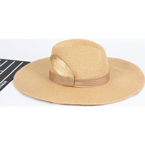 Fashion Large Sun Hat Beach Sun Protection Straw Hats Women Feather Wide Brim Fedora Hat Floppy Panama Straw Caps For Holiday