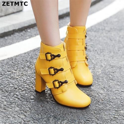 Womens Ankle Boots High Heels Boots Zipper Round Toe Winter Ladies Boots White yellow Black Boots Woman 2019 New Shoes