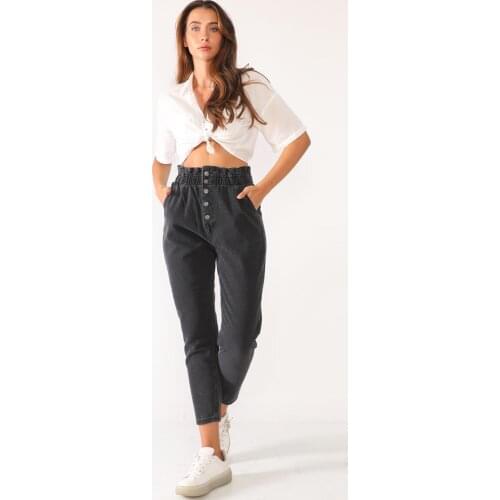 Women, Jeans, Comfortable, High Waist, Buttoned, Elastic Waist, Dark Grey, Full Length, Solid Color, Cotton Denim Trousers, 2021