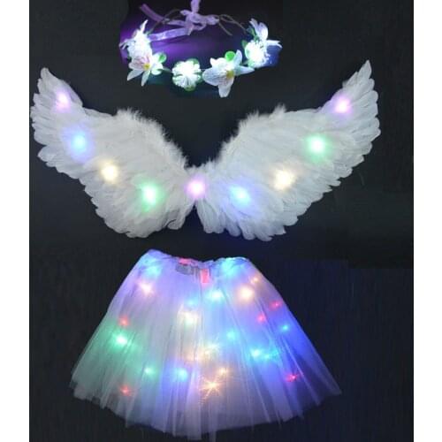 Women Girl Angel Costume Cosplay Set LED Glow Lighted Tutu Skirt Hairband Feather Wing Wreath Birthday Wedding Party Fancy Dress