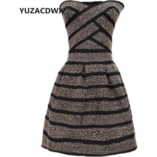 YUZACDWX Women Sexy Strapless Bandage Stretch Dress Celebrity Gold Rivets Beading Striped Party Elastic Mini Dresses vestidos