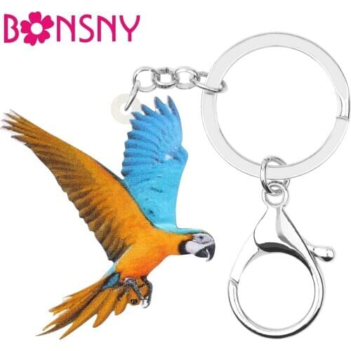 Bonsny Acrylic Macaw Parrot Keychains Printing Cute Animal Bird Keyring Jewelry For Women Kids Girls Fashion Gift Bag Decoration