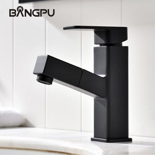 BANGPU Black Basin Faucet Pull Out Sink Faucet 1 Hole Bathroom Faucet Bathroom tap Basin Sink Faucet Single Handle Deck Mounted