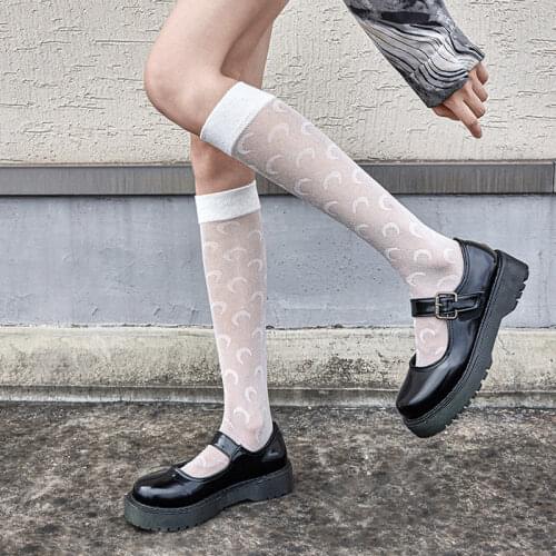 Jk Print Cotton Stockings Women Lolita High Knee Socks Female Moon Flower Thin Long Stockings Black White Dress Calcetine Medias