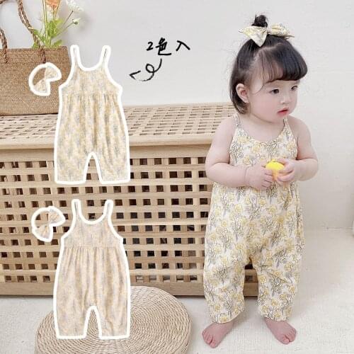 Baby One-piece Clothes Summer Floral Printing Cotton Romper Suspender Long Pants 0-1-2-3 Years Old Clothing With Headband