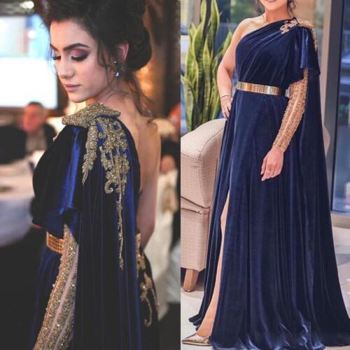 Designer Navy Blue One Shoulder Abric Dubai Evening Dresses Sequined Velvet Gold Belt Formal Dress Side Split Long Prom Gowns