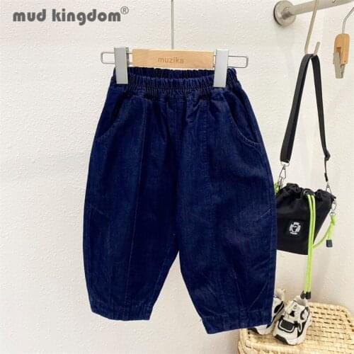 Mudkingdom Boy Girl Denim Pants Casual Solid Elastic Waist Loose Fit Trousers Kids Slant Pocket Jeans for Spring Autumn Clothes