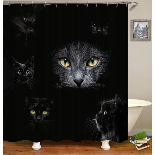 There Are Many Black Cats. A Beam Of Light Shines On The Black Cat. Shower Curtain. Waterproof. Easy To Clean. 180X180Cm