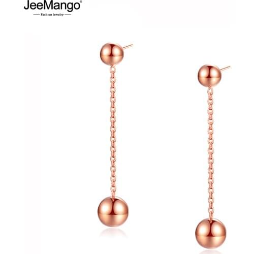 JeeMango Cute Ball Geometric Long Ear Line Dangle Earrings Jewelry Titanium Steel Rose Gold Tassel Earrings For Women JE18036