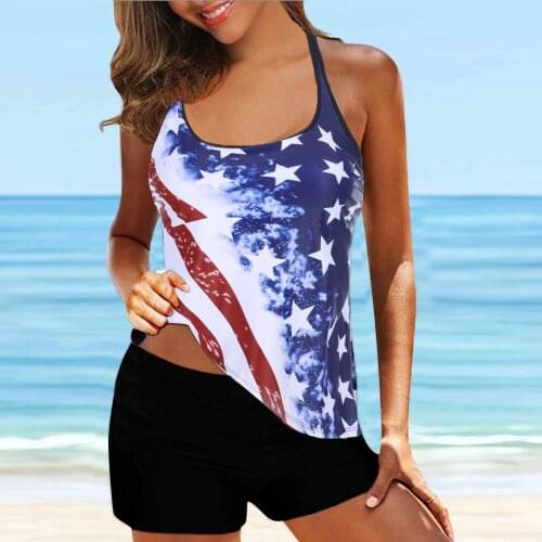 Swimwear Womens Tankini Independence Day Style Large Size Bikini Set Digital Print Suspender Beach Split Swimsuit Bikinis 2021