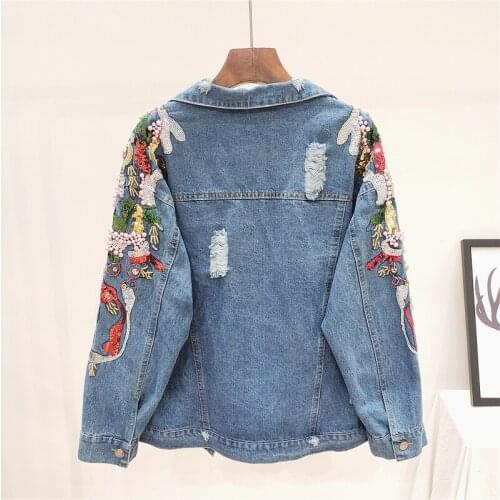 Loose Embroidery Sleeve Beading Sequin Denim Jacket Women Street Hip-Hop Frayed Single Breasted Short Coat Female Blue Outerwear