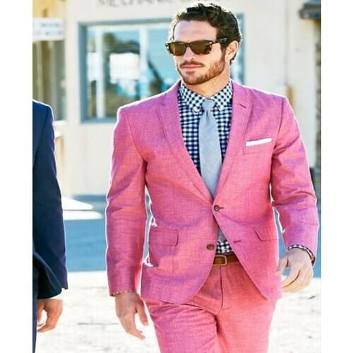 New Pink Groomsman Suit Custom Made Man Suit 2Psc Linen Groom Tuxedos Summer Suits Beach Suits for Wedding Clothes