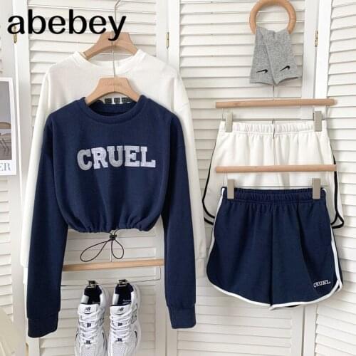 Fashion O-neck long sleeve letter print Pullover Top + elastic waist casual wide leg Shorts 2-piece set 2021 New Spring Autumn