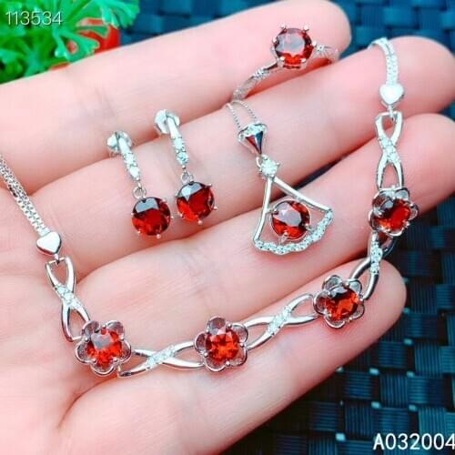 KJJEAXCMY Fine Jewelry 925 sterling silver inlaid natural garnet ring pendant earring bracelet set classic supports test