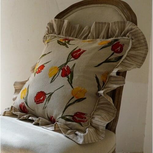 45x45/50x50cm tulip printed cotton linen cushion cover sofa chair pillowcase frill edge pillow cover