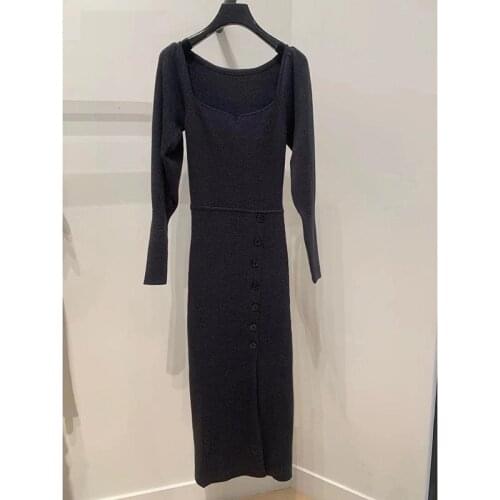 Autumn Winter Square Neck Fancy Lady Slim Fit One Piece Knitted Dress Long Side Buttons Black Party Robe Longue Vestido Largo