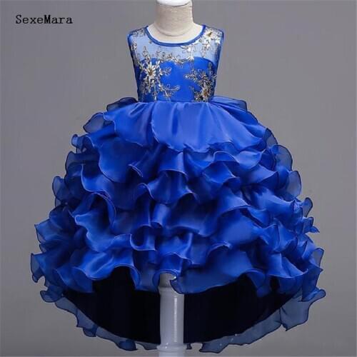 Royal Blue Flower Girl Dresses with Gold Applique Sleeveless Jewel Neck Tiered Little Girls Dresses Kids Clothes